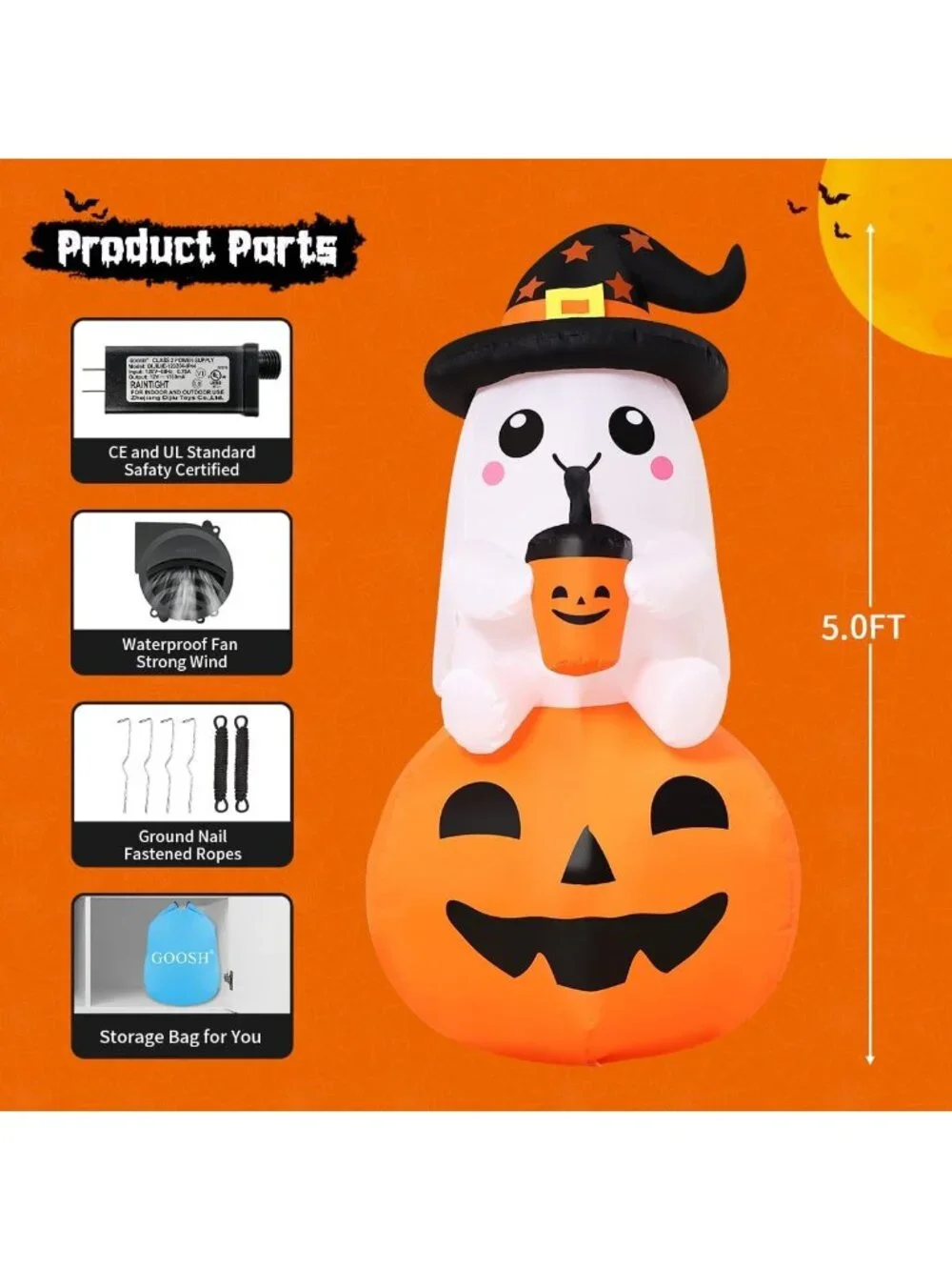 5 FT Inflatable Halloween Ghost Pumpkin Decor | LED Outdoor Yard Decoration